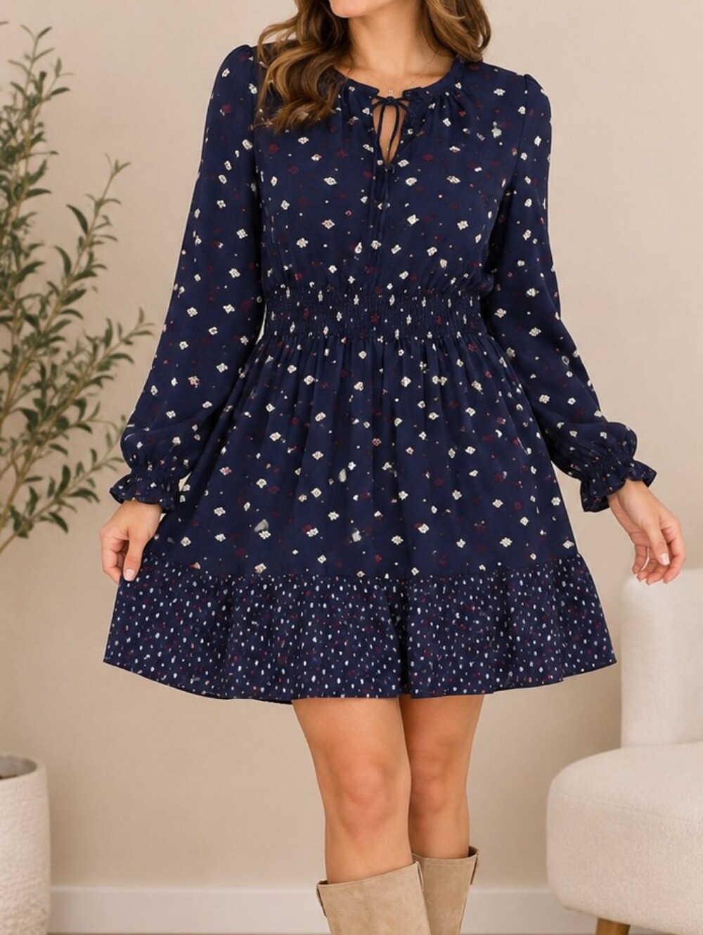 Navy Blue Long-Sleeve Mini Dress, Dip, Women's Medium